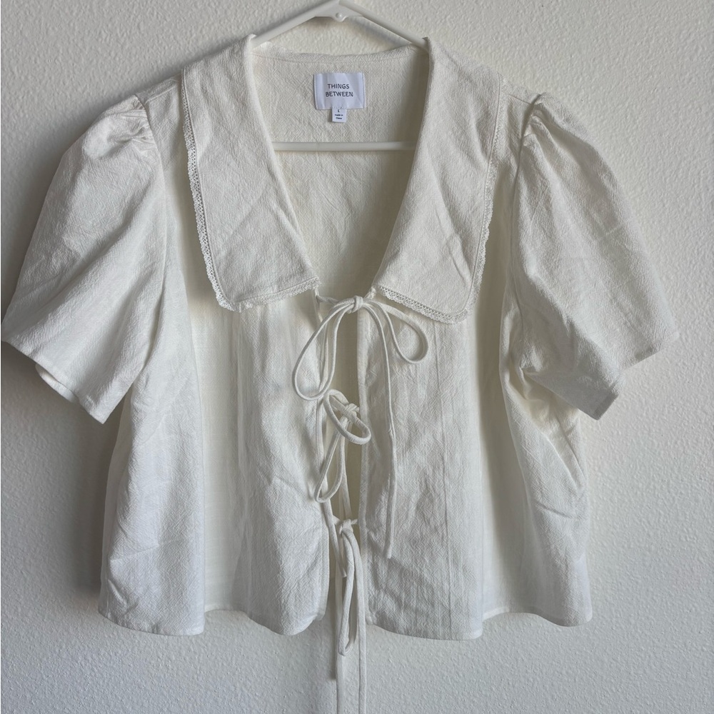Things Between white Peter Pan collar blouse with ties